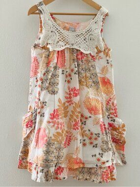 Zara 7-8 Floral Crochet Yoke Dress - Cream and Peach Layered Look Summer Dress